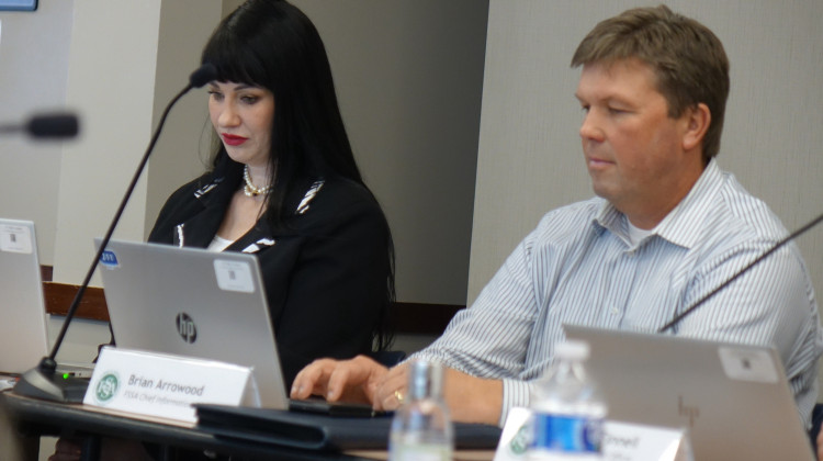 Nonis Spinner, director of eligibility and membership at the Indiana Office of Medicaid Policy and Planning (left) and Brian Arrowood, chief communications officer at the Family and Social Security Administration, presented the state’s plans during the November Medicaid Advisory Committee meeting on November 30, 2022. - Farah Yousry/WFYI