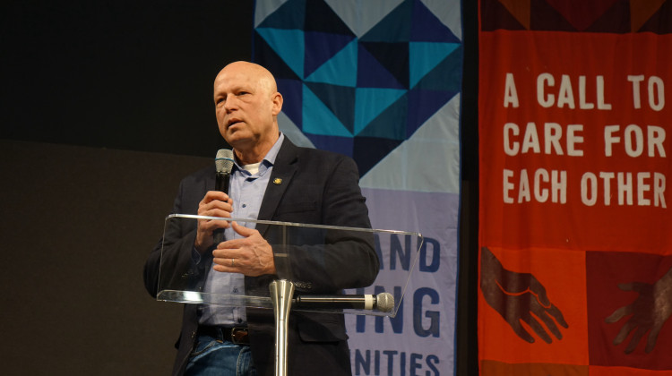 Sen. Michael Crider (R-Greenfield) speaking at New Direction Church during a rally organized by the group Faith In Indiana to urge lawmakers to fully fund Senate Bill 1. - Farah Yousry/ WFYI