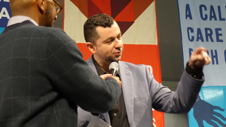 Sen. Fady Qaddoura (D-Indianapolis) authored Senate Bill 438 to address a shortage in home health aide providers in Indiana. He is pictured talking at a rally at a local church in support of another bill in February 2023. - Farah Yousry/ WFYI