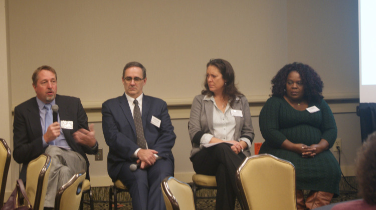The IU Kelley School of Business 2022 economic outlook panel (left to right) Indiana University economists Kyle Anderson, Russell Rhoads and Jennifer Rice and Indy Black Chamber of Commerce board chair Anita Williams present Thursday in Indianapolis. - Samantha Horton/IPB News