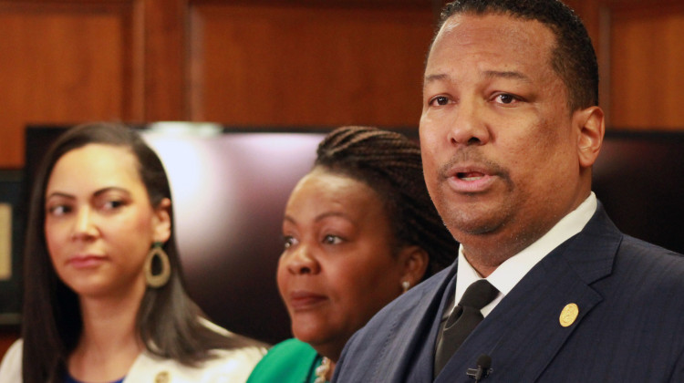 Indiana Black Legislative Caucus Chair Earl Harris (D-East Chicago) discusses the IBLC agenda in a press conference on Monday, Jan. 23, 2023. Beside Harris are fellow caucus members, from left, Sen. Andrea Hunley (D-Indianapolis) and Rep. Robin Shackleford (D-Indianapolis.) - Brandon Smith/IPB News