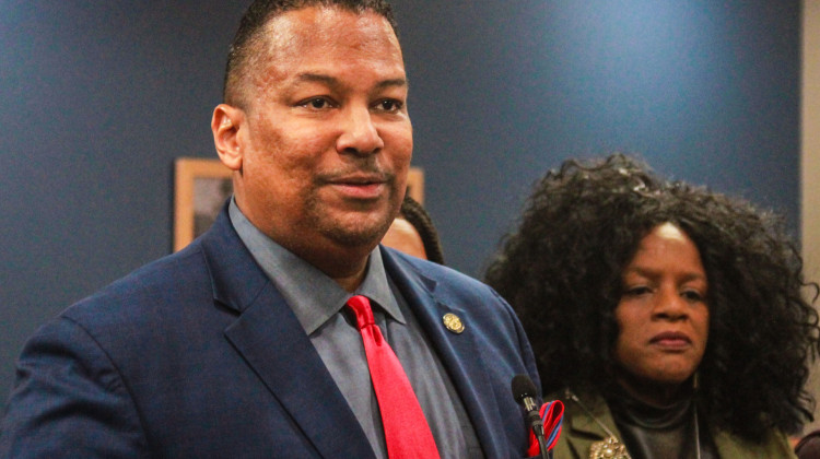 Indiana Black Legislative Caucus Chair Earl Harris, Jr. (D-East Chicago) discusses the caucus's 2024 agenda on Jan. 10, 2024. Rep. Renee Pack (D-Indianapolis) stands behind him. - Brandon Smith/IPB News