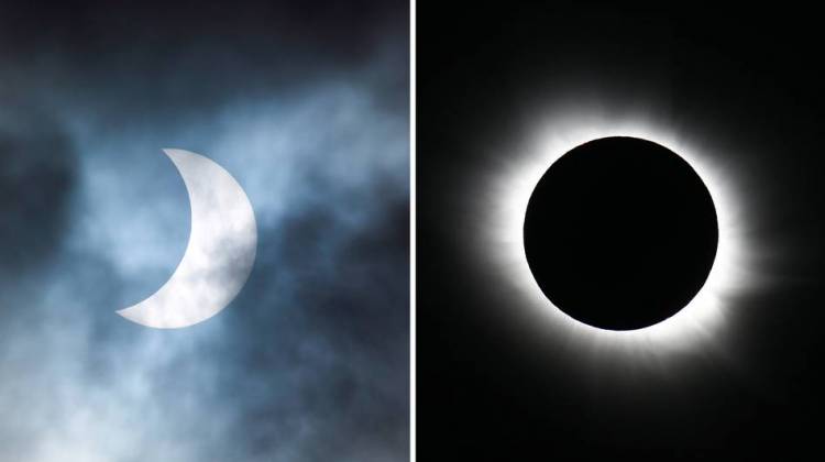 A partial solar eclipse (left) is seen from the Cotswolds, United Kingdom, while a total solar eclipse is seen from Longyearbyen, Norway, in March 2015. - Tim Graham/Getty Images/Haakon Mosvold Larsen/AFP/Getty Images