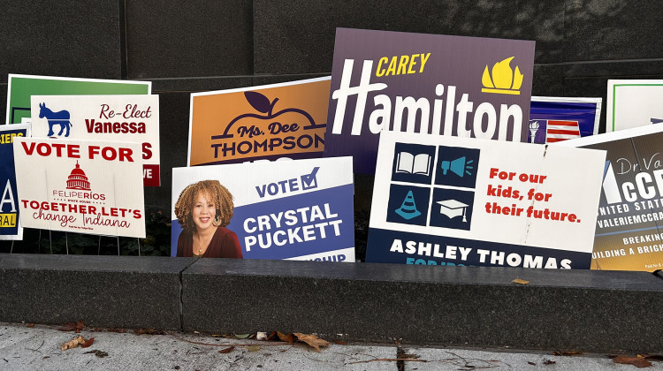 Campaign signs outside the Indianapolis City-County Building on Friday, Nov. 1 2024. - Eric Weddle / WFYI