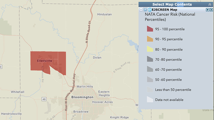 This map uses National Air Toxics Assessment data to look at cancer risk in 2014 across the country. Ellettsville had a higher risk than the surrounding area – though Cook says it overestimated its emissions for that year.  - Courtesy of EPA’s EJ Screen tool