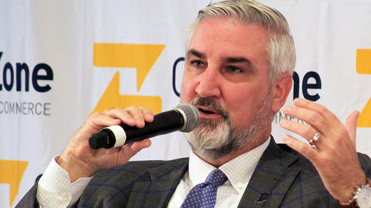 Gov. Eric Holcomb speaks to a local chamber of commerce on Aug. 17, 2022. - Brandon Smith/IPB News