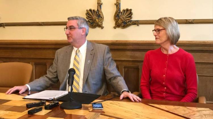 Gov. Eric Holcomb and Lt. Gov. Suzanne Crouch meet with reporters at the Statehouse. - Brandon Smith/IPB