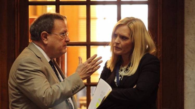 Sen. Mike Young (R-Indianapolis), left, discusses his CBD legalization bill with Sen. Erin Houchin (R-Salem). - Lauren Chapman/IPB News