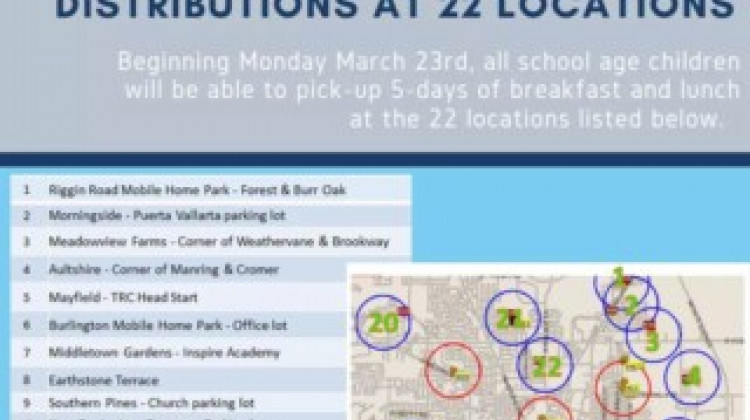 Muncie Community Schools says it’s making 35,000 thousand meals some days to feed district students even while they’re learning from home.  IPR’s Stephanie Wiechmann reports.   Map of food drop-off locations. Please contact Muncie Community Schools for more details. (Graphic: MCS) In a video announcement on Tuesday, Muncie Community Schools CEO Lee Ann Kwiatkowski says food is still rolling out of closed school buildings as much as it’s able to. “Yesterday, unfortunately, we ran out of food.  An - Indiana Public Radio