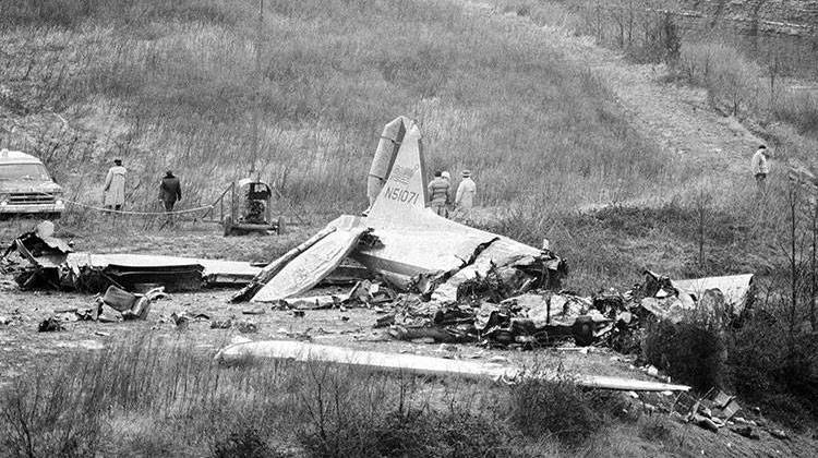 This was the scene near Evansville's Dress Regional Airport, Dec. 14, 1977, following the crash Tuesday night of a chartered DC-3 airliner in which 29 people perished. The entire University of Evansville basketball team was among the victims.  - AP Photo