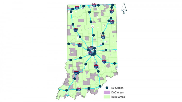 A map of INDOT's proposed sites for electric vehicle charging stations, disadvantaged communities (DAC) and rural areas in Indiana.   - Indiana Department of Transportation