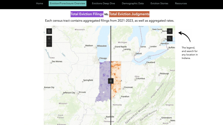 The Polis Center collected data from the Indiana courts system and joined it with demographic data from New America to create the statewide evictions and foreclosures dashboard. - Screenshot of the Polis Center dashboard