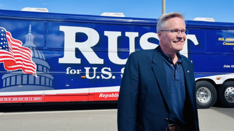 Egg farmer John Rust stands near his campaign bus during an October stop in Angola, Indiana. He’s facing off against GOP favorite U.S. Rep. Jim Banks, as both seek the Republican nomination in the race for Indiana’s open U.S. Senate seat.  - Photo from Rust’s Twitter/X account