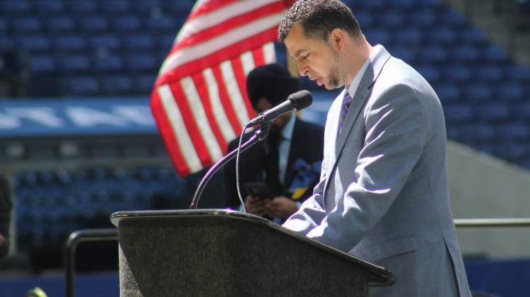 Sen. Fady Qaddoura (D-Indianapolis) spoke at the memorial on Saturday, May 1, calling directly for gun reform and investment in mental health.  - Lauren Chapman/IPB News