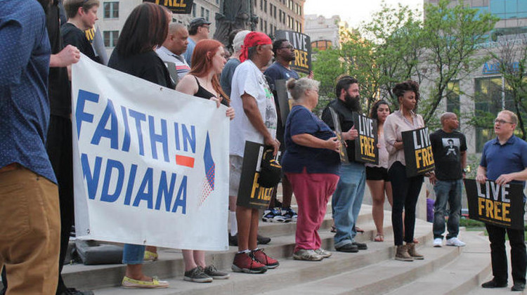 A crowd of faith-based progressive activists rally in Indianapolis. The religious left in Indiana are working to make inroads in the state legislature, long-dominated by conservative Republicans. - Lauren Chapman/Indiana Public Media