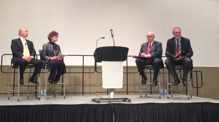 From left to right: Purdue Pres. Mitch Daniels, IPFW Chancellor Vicky Carwein, IU Pres. Michael McRobbie, Senate Pres. Pro Tem David Long. - Lisa Ryan/WBOI