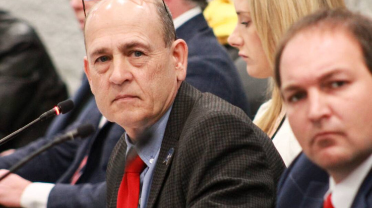 Sen. Gary Byrne (R-Byrneville), left, and Rep. J.D. Prescott (R-Union City) participate in a conference committee hearing on SB 287. The measure allows school board candidates to use partisan labels on the ballot. - Brandon Smith / IPB News