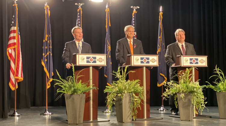 Indianapolis mayoral candidates Democratic incumbent Joe Hogsett, Republican State Sen. Jim Merritt and Libertarian Douglas McNaughton participated in the race’s final debate Monday night at Wayne Township's Chapel Hill 7th and 8th Grade Center. - Darian Benson/WFYI