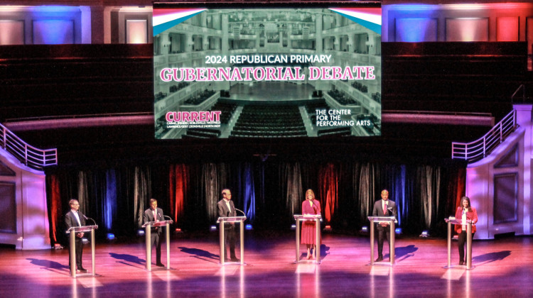 All six Republican candidates for governor met on a debate stage in Carmel on Mar. 11, 2024. - Brandon Smith / IPB News