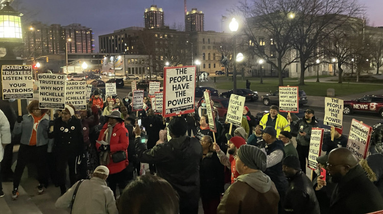 Community members gathered on the steps of Central Library Dec. 12 in protest of the board’s decision to appoint Gabriel Morley as new CEO instead of interim CEO Nichelle M. Hayes. - Chloe McGowan/Indianapolis Recorder