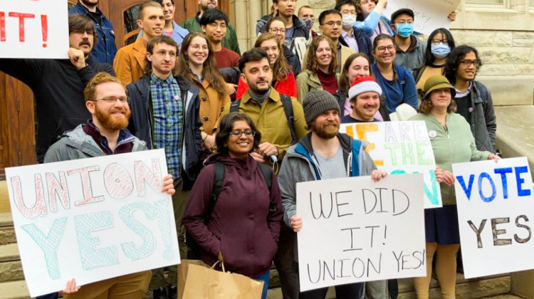 Graduate students at Indiana University Bloomington celebrate after handing over nearly 1,600 union cards and asking for an official election.  Image courtesy of the Indiana Alumni Alliance