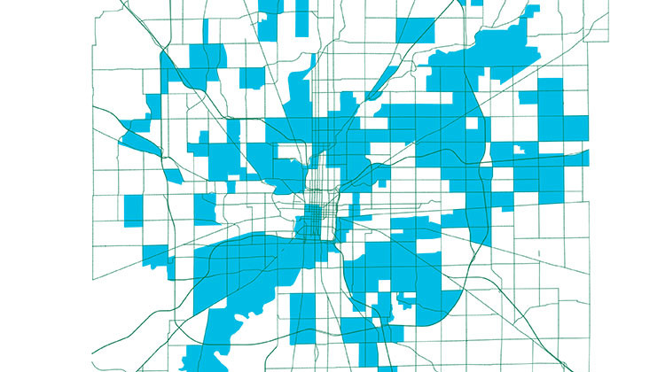 This map shows food deserts in Marion County. - Provided by the Polis Center