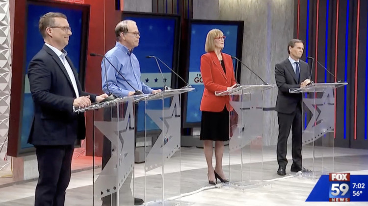 From left to right, Eric Doden, U.S. Sen. Mike Braun (R-Ind.), Lt. Gov. Suzanne Crouch, and Brad Chambers participated in the first televised debate of the 2024 Republican gubernatorial primary on March 26, 2024. The debate was hosted by Indianapolis stations Fox59/CBS4. - Screenshot of Fox59 livestream