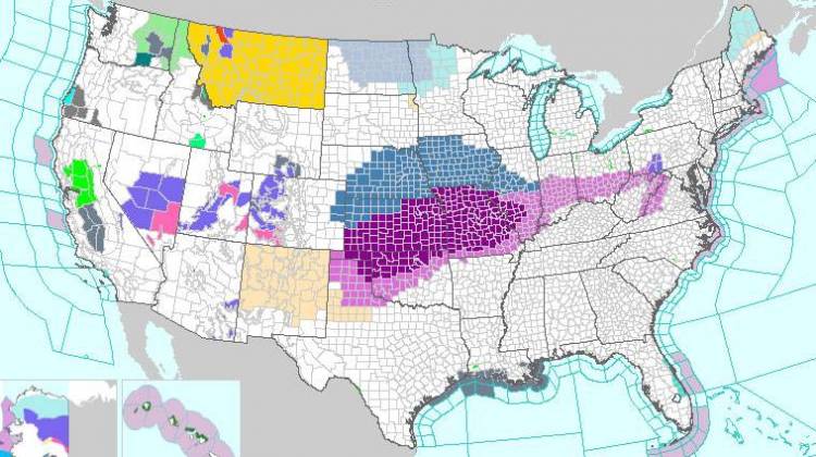 This map from the National Weather Service shows a large chunk the Great Plains and Ohio River Valley covered by either an ice storm warnings (purple), freezing rain advisory (pink) or winter storm watch (blue). - National Weather Service