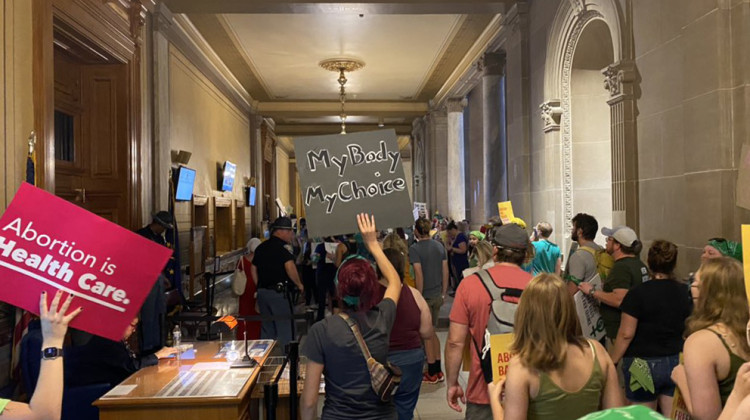 Abortion rights supporters gather in the Indiana Statehouse as the Indiana Senate debates legislation that would ban most abortion in the state. - Elizabeth Gabriel/WFYI