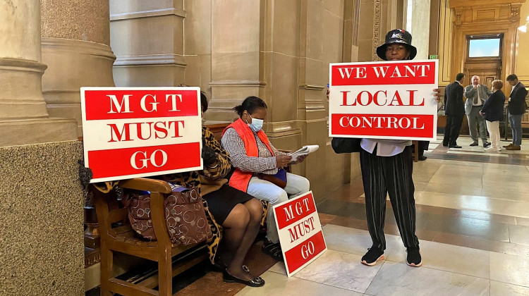 Gary residents took a bus more than two hours to protest for local control of schools at the Statehouse on May 24, 2022. - Dylan Peers McCoy/WFYI