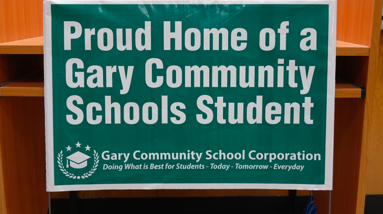 A yard sign to promote Gary Public School Corporation at the district office.  - Eric Weddle/WFYI News