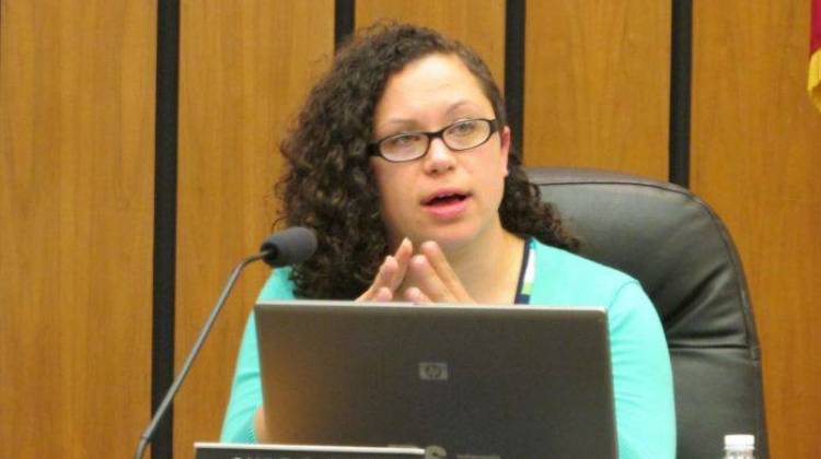 IPS Board member Gayle Cosby speaks during an IPS school board meeting in May. - Scott Elliott / Chalkbeat Indiana