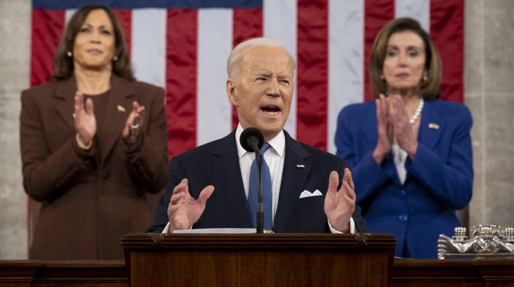 President Biden delivers the State of the Union address as U.S. Vice President Kamala Harris (L) and House Speaker Nancy Pelosi (D-CA) look on last March. - Saul Loeb / Pool/Getty Images