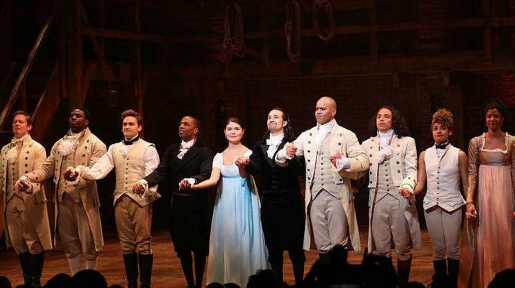 Leslie Odom Jr., Phillipa Soo and Ariana DeBose with Lin-Manuel Miranda with the cast during their final performance curtain call of <em>Hamilton</em> in July.