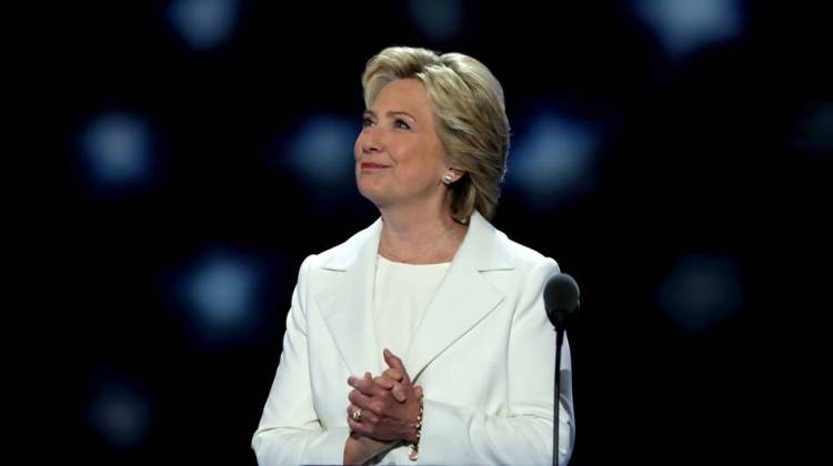 Democratic presidential nominee Hillary Clinton arrives on stage during the final day of the Democratic National Convention in Philadelphia.