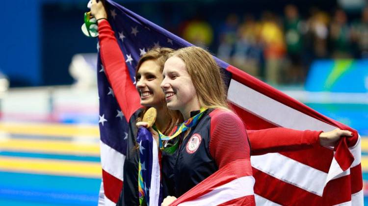 Gold medal winner Lilly King (right), seen here celebrating with her U.S. teammate and bronze medalist Katie Meili, won the 100-meter breaststroke over her rival, Russia's Yuliya Efimova. - Adam Pretty/Getty Images