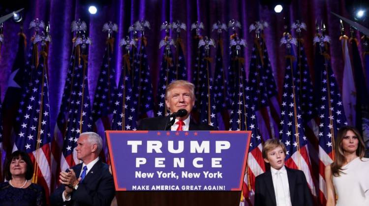 Republican president-elect Donald Trump delivers his acceptance speech during his election night event in New York City.