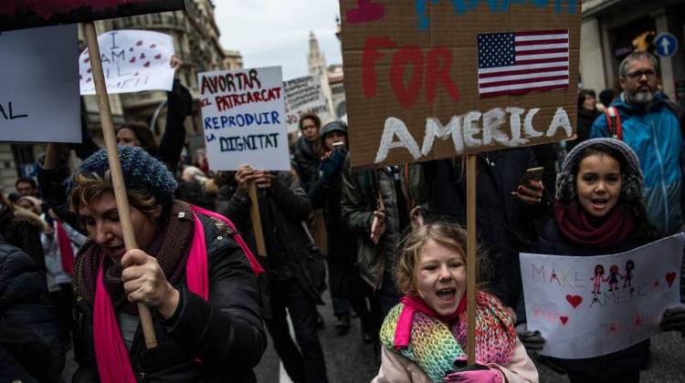 Demonstrators make their way during the Women's March in Barcelona, Spain. The Women's March originated in Washington, D.C. but soon spread to become a global event.