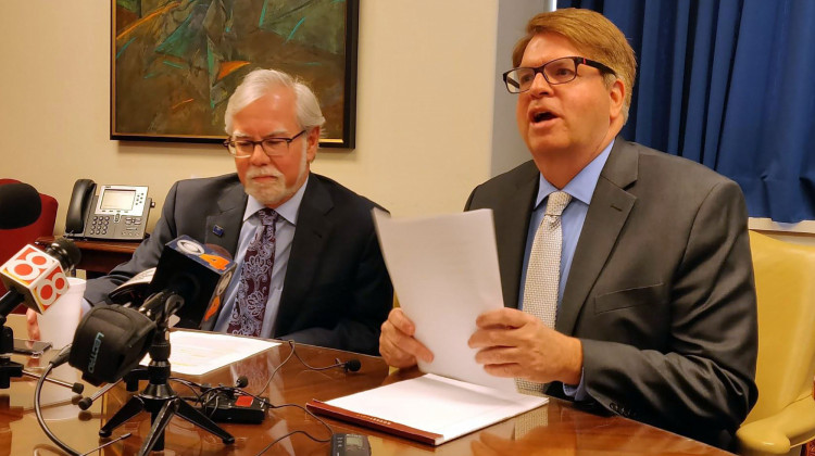 Statehouse Democratic leaders Sen. Tim Lanane (D-Anderson), left, and Rep. Phil GiaQuinta (D-Fort Wayne), right, say Republicans are "nibbling around the edges" to solve the state's problems. - Tyler Lake/WTIU