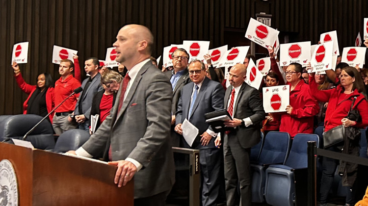 Jonathan Hughes, an attorney representing Metropolitan School District of Washington Township in opposition to the rezoning request by Girls In STEM Academy, speaks to the Indianapolis Metropolitan Development Commission on Wednesday, March 20, 2024. - Eric Weddle / WFYI