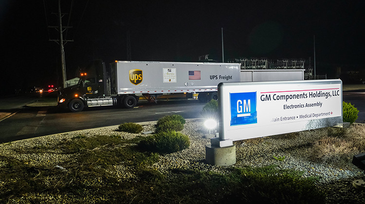 A UPS truck transporting the first VOCSN critical care ventilators produced at the General Motors manufacturing facility in Kokomo, Indiana, departs. - Photo by AJ Mast for General Motors