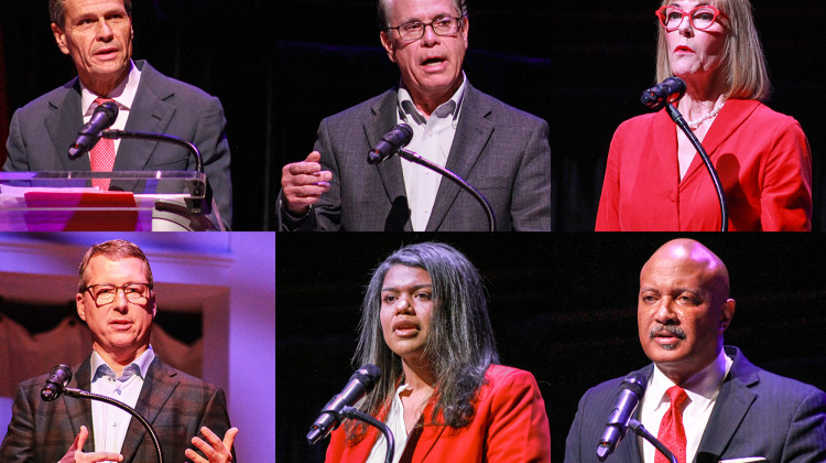 The six Republicans running for Indiana governor in 2024 are, clockwise from left: Brad Chambers, U.S. Sen. Mike Braun (R-Ind.), Lt. Gov. Suzanne Crouch, former Attorney General Curtis Hill, Jamie Reitenour and Eric Doden. - Brandon Smith / IPB News