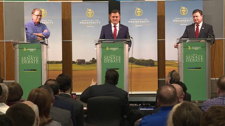 Republican U.S. Senate candidates – Congressmen Luke Messer and Todd Rokita, and businessman Mike Braun – went head-to-head the first time in February at an Americans For Prosperity debate. - Barbara Brosher/WTIU