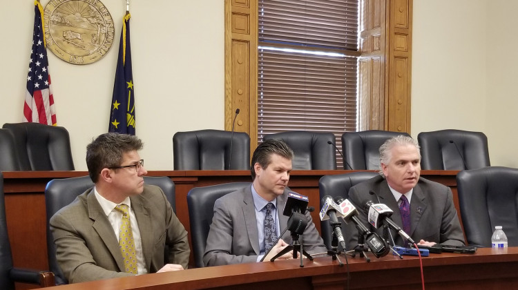 Sens. Rod Bray, Ryan Mishler and Eric Bassler announced the Senate GOP budget proposal Thursday.  - Jeanie Lindsay/IPB News