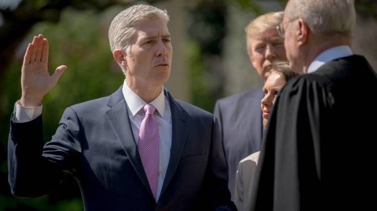 Justice Anthony Kennedy administers the judicial oath for Judge Neil M. Gorsuch during a public swearing-in ceremony at the White House on Monday.