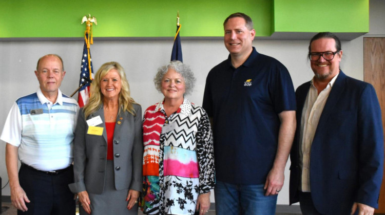 From left to right, Madison County GOP Chair Russ Willis, new state Rep. Lori Goss-Reaves, Fifth District Chair Judy Buck, Indiana Republican Party Chair Kyle Hupfer and Grant County Chairman Darren Reese pose for a photo after the Republican caucus that elected Goss-Reaves. - Courtesy of the Indiana Republican Party