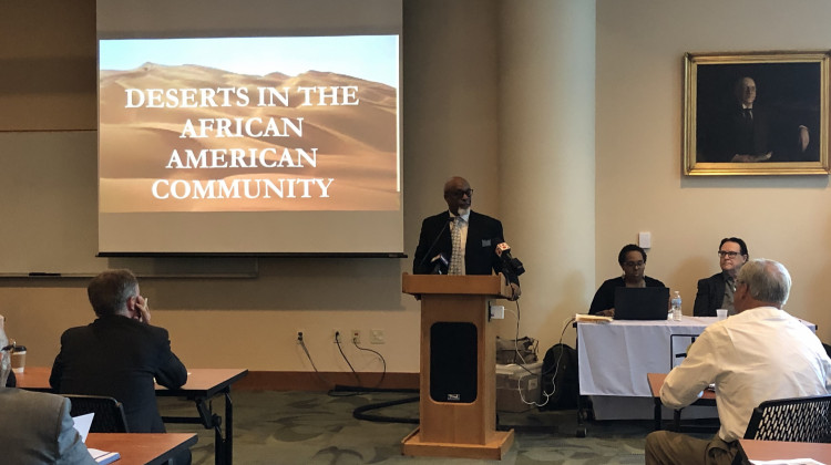 Rev. David Green Sr. addresses Mayor Joe Hogsett and state Sen. Jim Merritt about the social issues created by systemic racism. - Darian Benson/WFYI