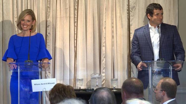 Democrat Shelli Yoder (left) and Republican Trey Hollingsworth met to debate for the first time. - Barbara Brosher / Indiana Public Broadcasting