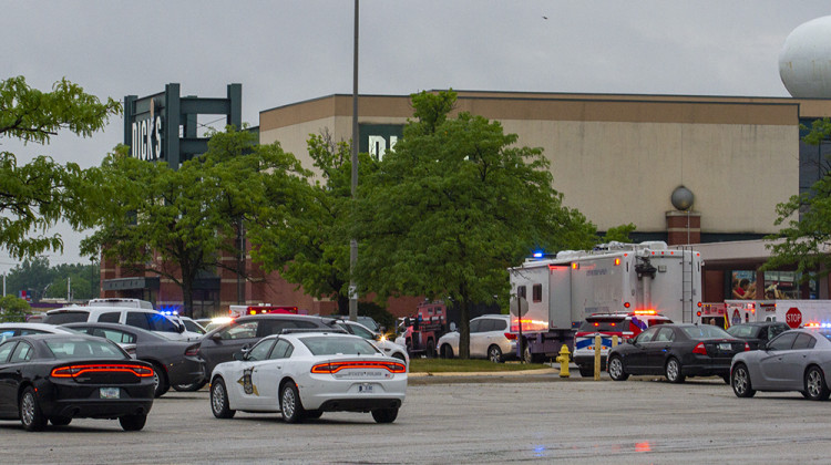 Several agencies including the Greenwood Police Department and Indianapolis Metropolitan Police Department responded to a shooting in the food court at the Greenwood Park Mall on Sunday, July 17, 2022.  - 
Doug Jaggers/WFYI