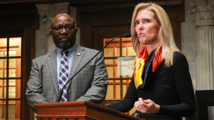Sen. Shelli Yoder (D-Bloomington), right, and Sen. Greg Taylor (D-Indianapolis) discuss the State of the State address with reporters on Jan. 10, 2023. - Brandon Smith/IPB News
